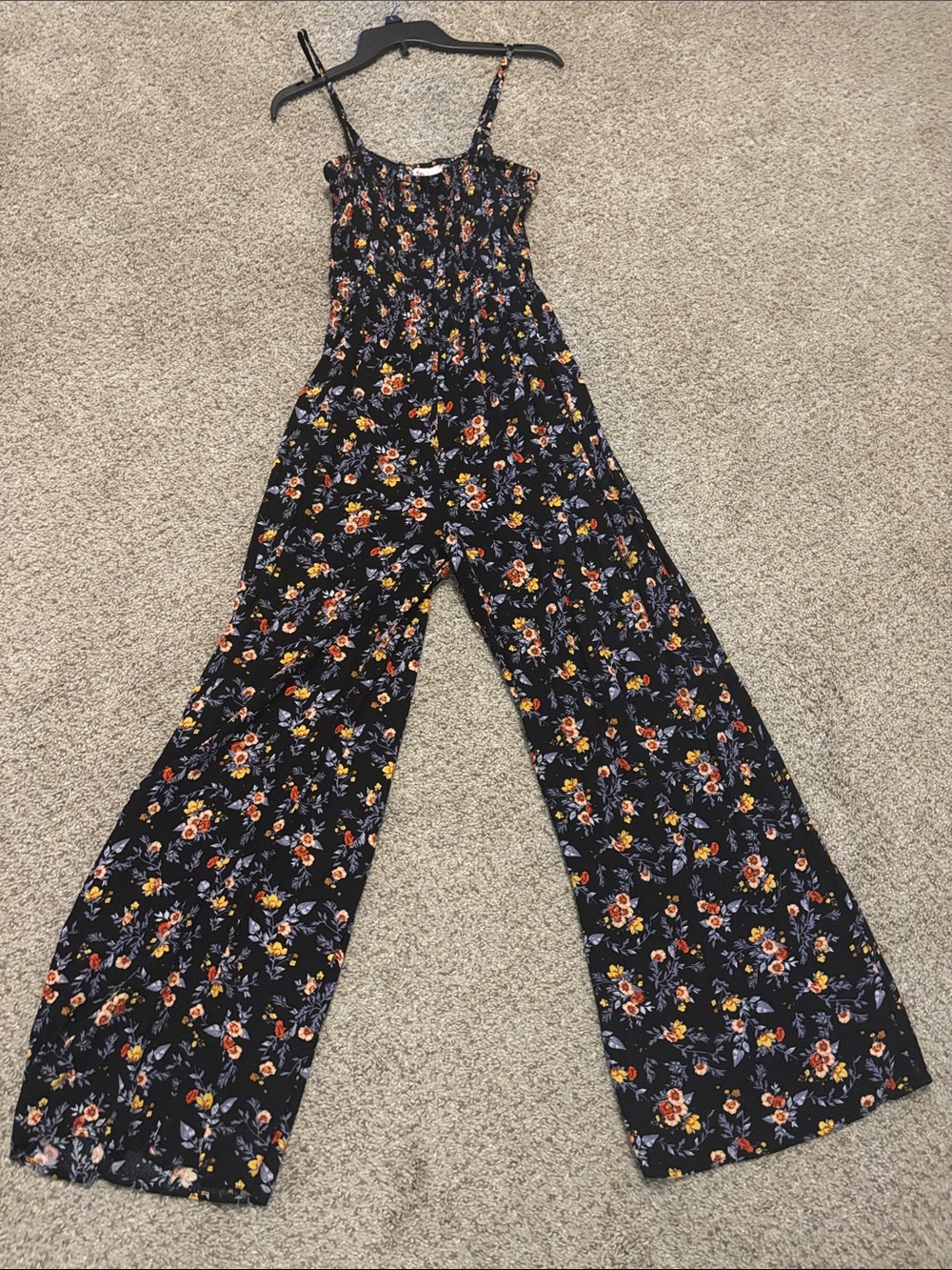 SO Black Floral Smocked Wide-Leg Jumpsuit